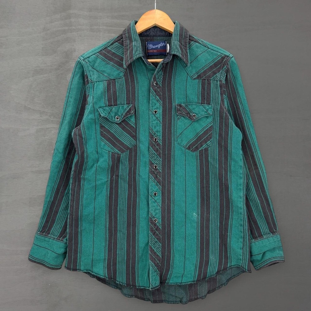 Vintage Wrangler Western Shirt Teal Gray Striped Pearl Snap X-Long Tails XL